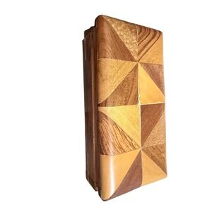 Boho  Marquetry Wood Inlay Trinket Box Brown Geometric Parquetry Lined